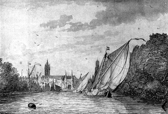 View of Delft from the Schie, Backhuysen